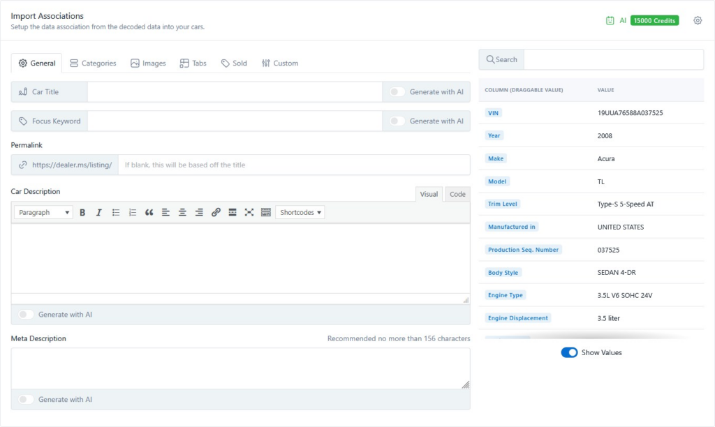VIN Import Associations Page